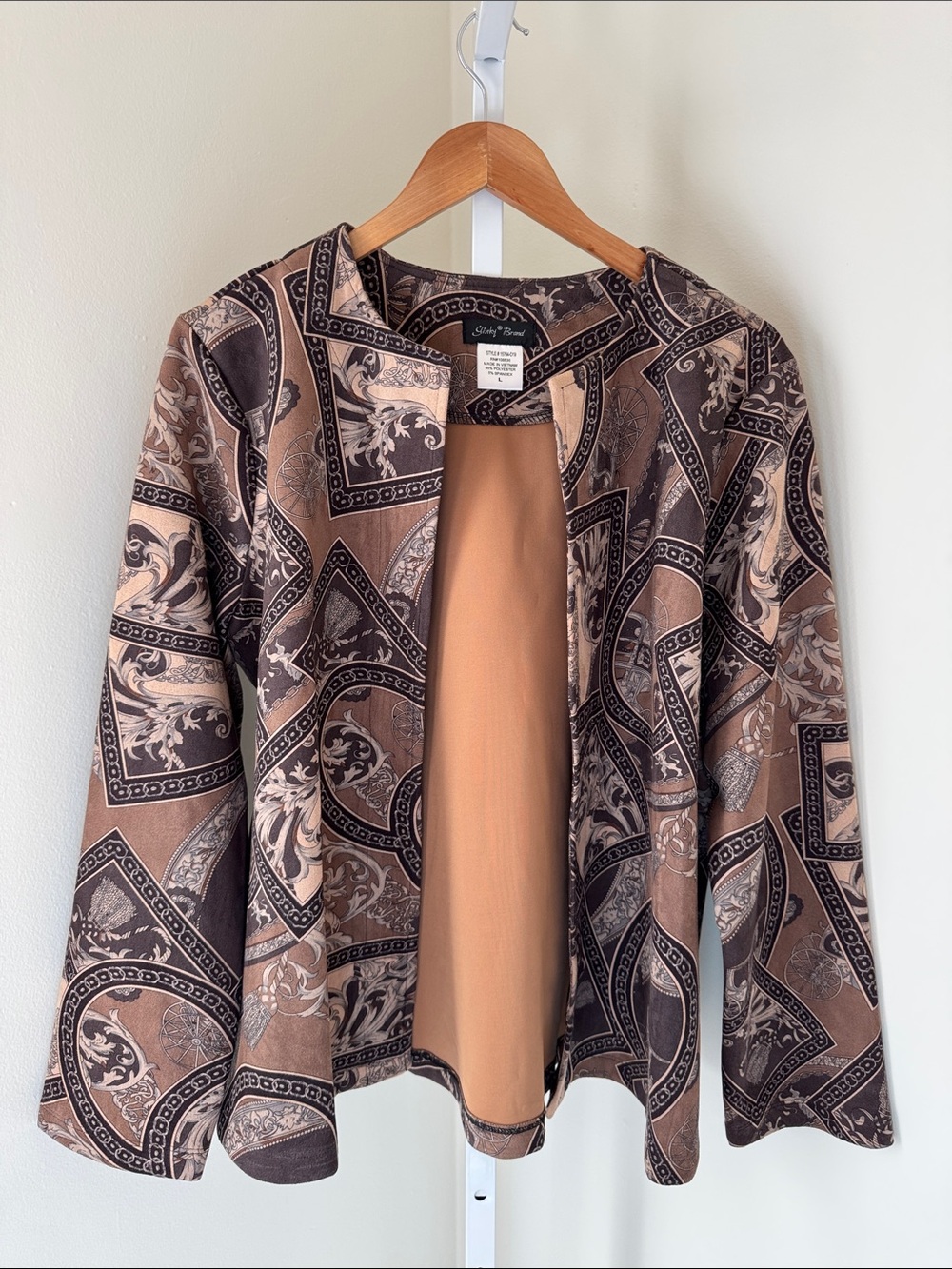 Slinky Brand Old Money Brown & Tan Printed Open-Front Blazer Size Large